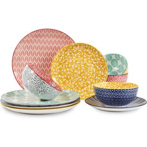 Selamica Ceramic Dinnerware Sets, 12-Pieces Plates and Bowls Sets, Scratch Resistant Dishes set for 4, Dishwasher & Microwave Safe, Assorted Colors