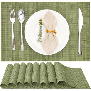 Myir JUN Placemats Set of 8, Vinyl Woven Placemats Place Mats Indoor Set of 8 Washable Table Mats Non-Slip Place mats for Dining Table (Green, Set of 8)
