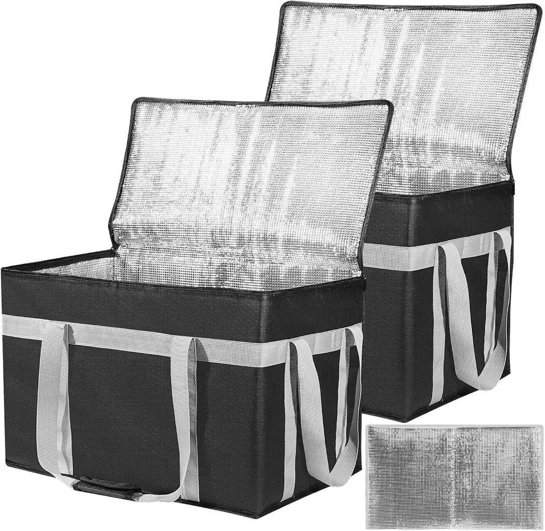 XXXL 2 Pack Insulated Food Delivery Bag with Removable Hard Bottom, Reusable Insulated Grocery Bag for Hot and Cold Food, Catering Cooler for Doordash,Warmers, Parties (Black)