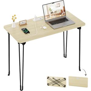 Folding Desk, 31.5" Hairpin Legs Small Desk with Power Strip for Bedroom, Space Saving Foldable Computer Desk for Home Office, No Assembly Need, Beige