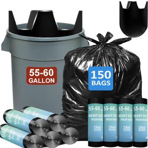 55-60 Gallon Trash Bags Heavy Duty 150 Count Bulk with 4 Innovative Flap Ties | Compatible with Rubbermaid Brute & Winco & Behrens 50-60 Gallon Round Trash Can | Tear & Leak Resistant Black