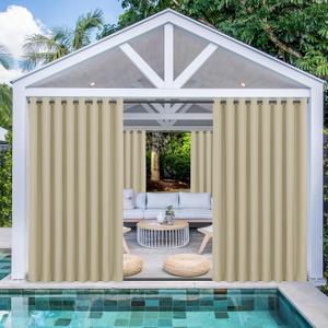 HolidayIdeas Outdoor Curtains for Patio Waterproof 4 Panels 110x108 Inch-Windproof Weatherproof Privacy Wide Cream Curtains-Grommet Top and Tab Bottom Drape for Pergola, Porch, Gazebo, Backyard