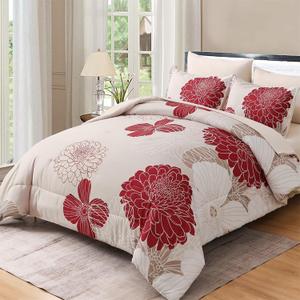 Yiran 7 Pieces King Comforter Set Red Floral Bed in a Bag Soft Microfiber Bedding Set 104"90"(1 Comforter 1 Flat Sheet 1 Fitted Sheet 2 Pillowshams 2 Pillowcases) (Burgundy) Yiran 7 Pieces King Comforter Set Red Floral Bed in a Bag Soft Microfiber Bedding Set 104"90"(1 Comforter 1 Flat Sheet 1 Fitted Sheet 2 Pillowshams 2 Pillowcases) (Burgundy)