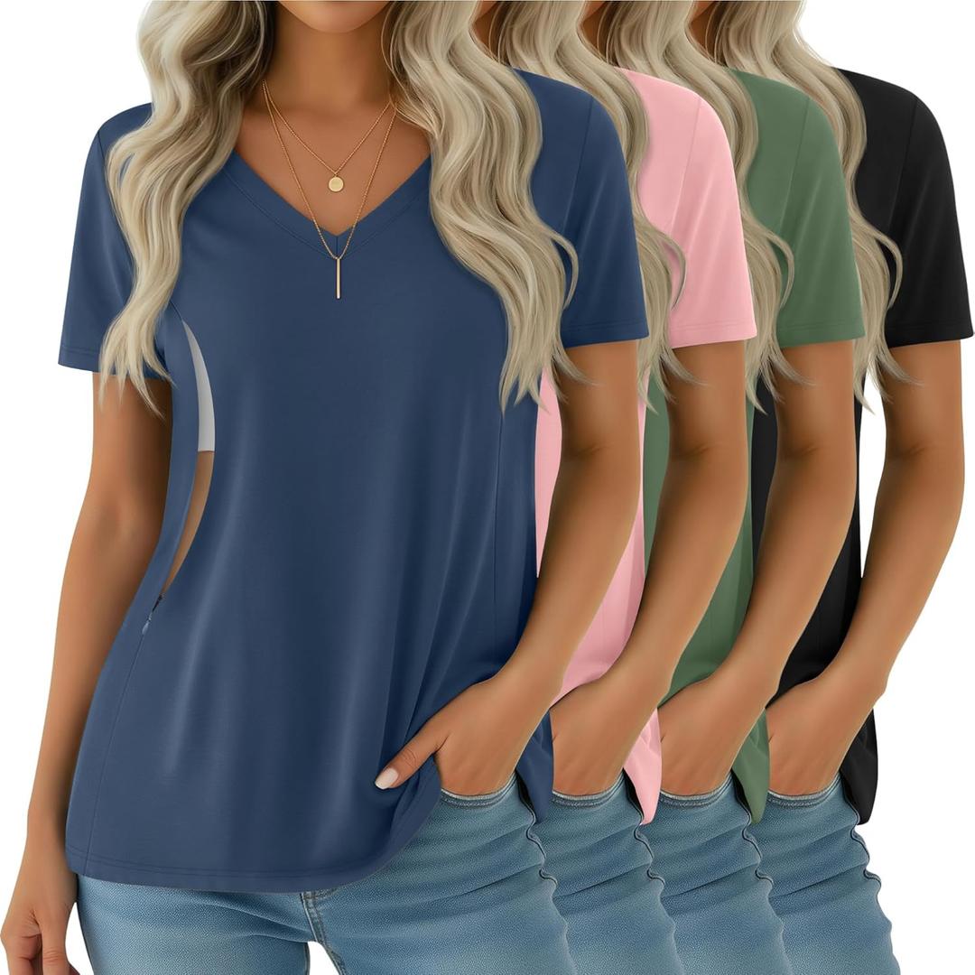 4 Pack Women's Nursing Shirts for Breastfeeding with Hidden Zipper V Neck Short Sleeve Loose Fit Maternity Tops(Haze Blue, Baby Pink, Apple Green, Black, Small)