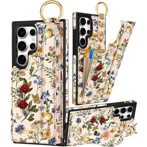 Petitian for Samsung Galaxy S25 Ultra Case with Wallet - Women Girls Cute Girly Aesthetic Unique Design Leather Credit Card Holder Cardholder Stand Wristband for S25 Ultra, Vin Flower