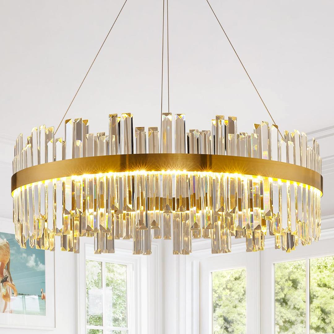 Modern LED Crystal Chandelier for Dining Room, 23.6" Round K9 Crystal Gold Chandelier, 3 Color Dimmable Light Fixture with Remote, Adjustable Height for Living Room Bedroom Entryway