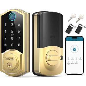 SMONET Smart Lock Keyless Entry Door Lock,Brass Fingerprint Smart Deadbolt with App Remote Control,Electric Bluetooth Digital Door Locks for Front Door,Easy to Install,Gold
