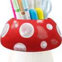 Ceramic Mushroom Pencil Holder, Multi-function Mushroom Cup Storage for Makeup Brush/Toothbrush, Cute Ornament Decor for Home, Bedroom, Office, Kawaii Gifts for Women/Girl/Kids for Birthday/Xmas, Red