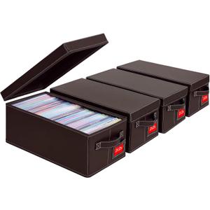 Brown Faux Leather DVD Storage Box 4 Pack, Holds 25 Standard DVD Cases Each, Stackable Disc Organizer with Lids and Handles for Home Media Collection