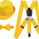 Alizeal 100 Days of School Costume for Kids 2.5cm Elastic Braces 3 Clip Suspender and Bow Tie Set with Fedora Hat (Yellow)