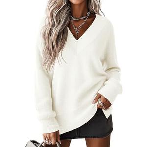 Jouica Women's Sweaters V Neck Pullover Sweater Side Slit Long Sleeve Knit Fall Tops Trendy Outfits for Women 2026 Size S White