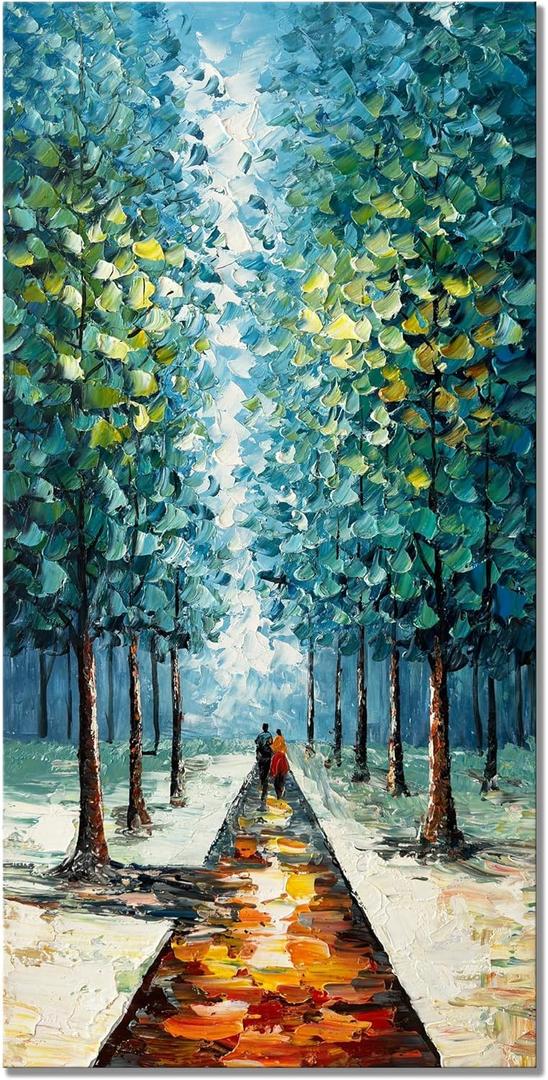 Alenoss Hand Painted 3D Abstract Oil Paintings on Canvas 24x48 Inches Large Modern Forest Landscape Vertical Blue Canvas Wall Art Framed Artwork for Living room Bedroom Tree Art Decor