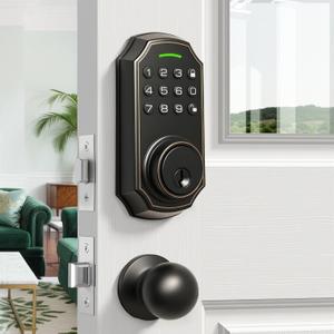 Smart Keyless Entry Door Lock with 2 Knobs,Front Door lock Handle Set,Electronic Digital Keypad Deadbolt,Auto Lock,50 User Codes,Voice Prompts,Anti-Peeking Password,Home, Apartment,Satin Nickel