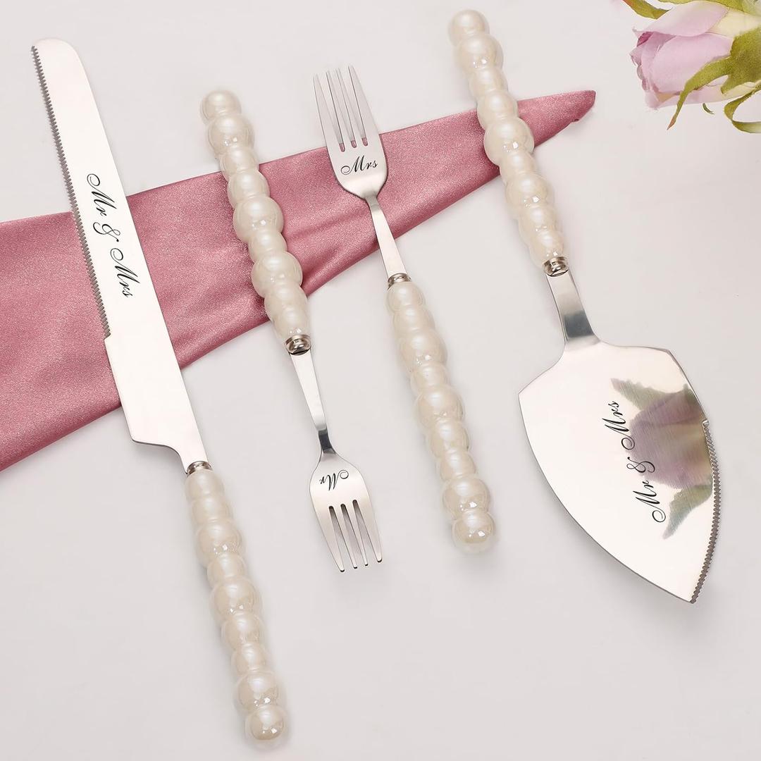 Pearl Wedding Cake Knife and Server Set with Forks, Cake Cutting Set with Stainless Steel Serrated Edges, Silver Pie Cutter Pizza Spatula, Gift for Bridal Couples Engagement (Mr & Mrs)