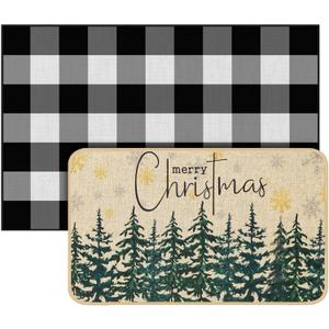 Dunzy 2 Pcs Christmas Welcome Mat Outdoor Merry Christmas Doormat 17x30 & Black White Plaid Entrance Rug 28x43 Non Slip Floor Mat Layered for Indoor Outside Xmas Home Front Door Porch Entryway Decor