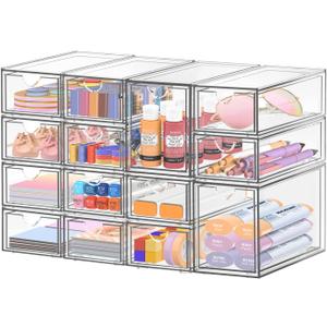 Desk Organizer with 14 Drawers, FODIENS 14 Packs Acrylic Stackable Desktop Storage Drawer Makeup Organizer, Clear Craft Storage Box Cabinets for Office Vanity Countertop Bathroom Bedroom