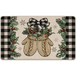 Winter Mitten Decorative Front Door Mat, Black White Buffalo Plaid Check Doormat Indoor Outdoor Farmhouse Non-Slip Floor Entryway Rug, Christmas Holiday Home Kitchen Decoration 17x29 Inch