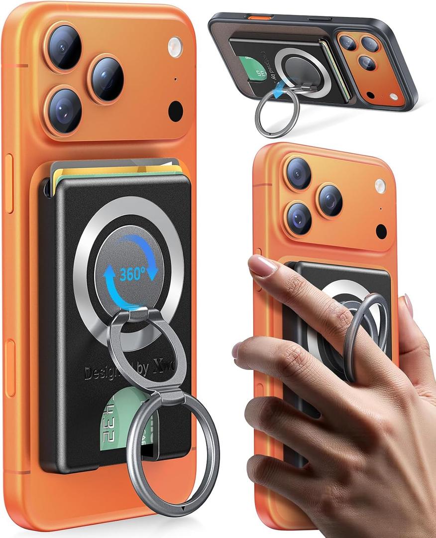 Compatible with Magsafe Wallet 3 Cards Holder [20X Strong Magnet] Magnetic Phone Grips Stand Mount Dual Ring 360 Rotation Desk Cellphone Fits for iPhone 17/16/15/14/13/12 Pro Max (Black)