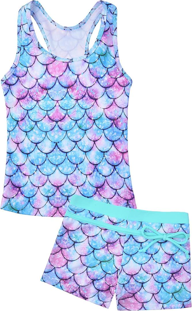 Uhnice Girls Swimsuit Two Piece Tankini Swimwear with Boyshort (10-11 Years, Mermaid Blue)