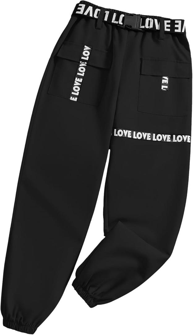 Hilinker Girls Cargo Pants Loose Hip Hop Dance Pants Elastic Waist Letters Jogger Pants (13-14 Years, Black)