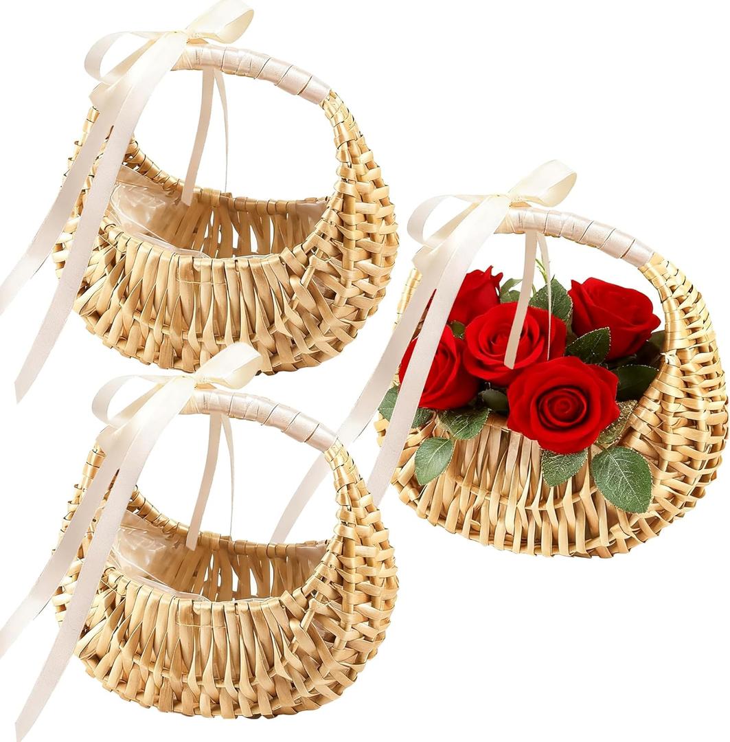 3 Pack Rattan Flower Girl Baskets,Wicker Rattan Wedding Basket with Handle Silk Ribbon,Small Half Moon Wicker Flower Basket 6.5" x6.7" x4.3"for Wedding Party Picnic Home Decor