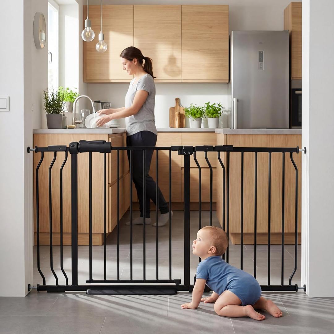 Extra Wide Baby Gate Tension Indoor Safety Gates Black Metal Large Pressure Mounted Pet Gate Walk Through Long Safety Dog Gate for The House Doorways Stairs(52.76"-57.48"/134-146CM, Black)