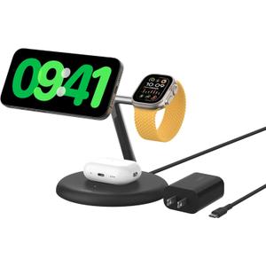 Belkin MagSafe-Compatible 3-in-1 Wireless Charger Stand 15W - Qi2-Certified Wireless Charging Station, Fast Charging of iPhone 16, AirPods, & Apple Watch - 36W Included - Black