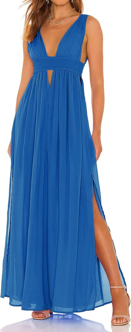 R.Vivimos Boho Dress for Women Sexy Deep V Neck Sleeveless Hollow Out Backless Casual Side Slit Maxi Dress (Medium)