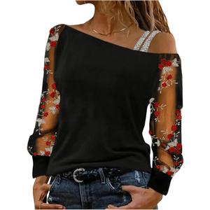 SOLY HUX Women's Floral Embroidery Mesh T Shirt Cold Shoulder Long Sleeve Asymmetrical Neck Tee Tops (Black and Red Floral)