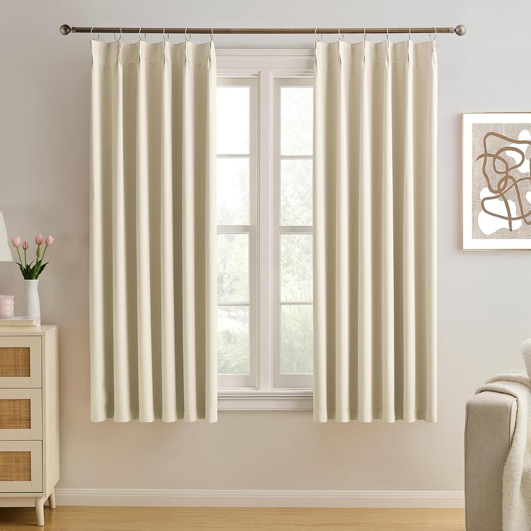 KEQIAOSUOCAI Cream Beige Curtains 63 Inches Long, Summer Heat Thermal Insulated Pinch Pleat Viral Black Out Drapes Cute Window Drapes for Bedroom(Pinch Pleated,40"x63"x2 Panels)
