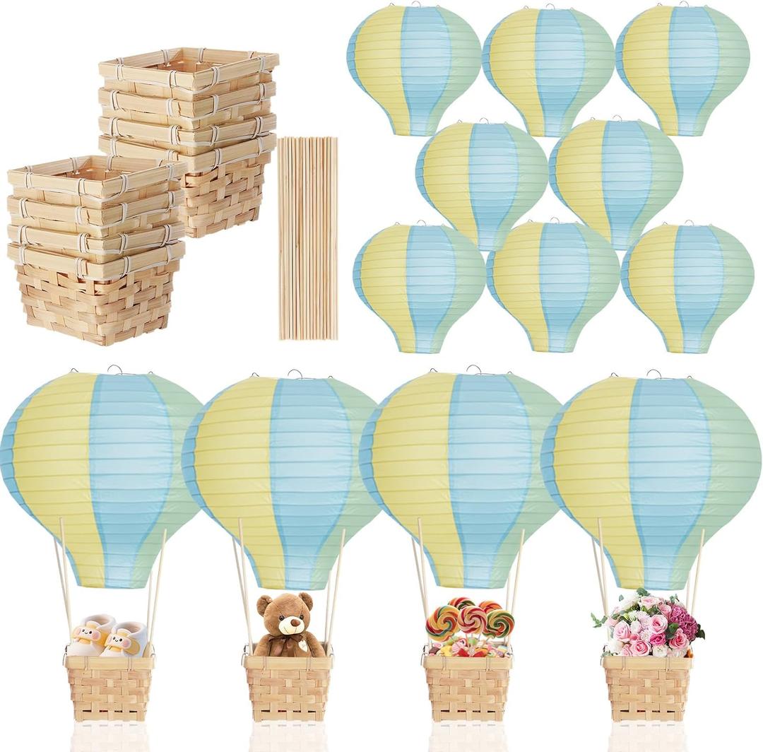 Meooeck 8 Sets Hot Air Balloon Table Centerpieces 11.8'' Paper Lanterns Woven Baskets with Sticks for DIY Gender Reveal Birthday Baby Shower Wedding Decor(Blue, Yellow, Green)