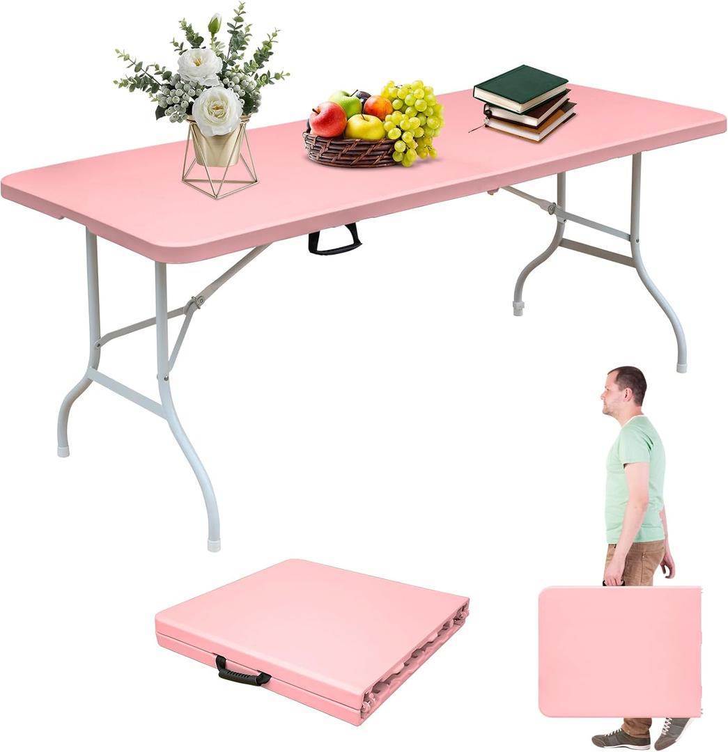 Portable 6Ft Folding Table, Heavy Duty Plastic Fold-in-Half Utility Foldable Dining Table, Multi-Purpose Plastic Folding Table with Carrying Handle for Camping and Party Indoor/Outdoor (Pink)