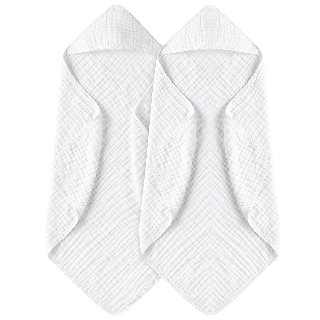 Yoofoss Hooded Baby Towels for Newborn 2 Pack 100% Muslin Organic Cotton Baby Bath Towel with Hood for Babies, Infant, Toddler and Kids, 32x32Inch, Soft and Absorbent Newborn Essential,White-2 Pack