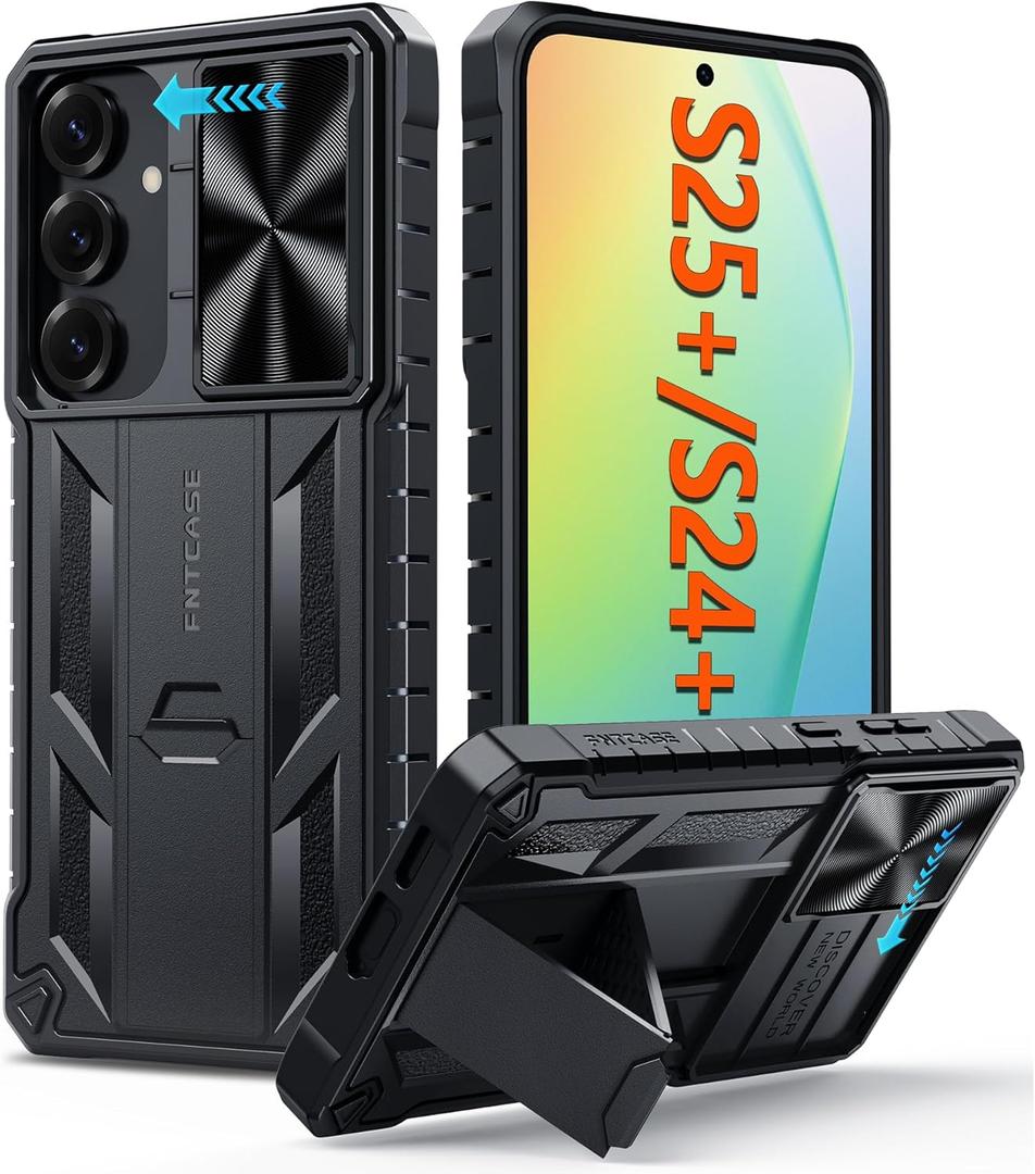 FNTCASE for Samsung Galaxy S25Plus Case: for Galaxy S24 Plus Military Grade Dropproof Phonecase with Kickstand & Slide | Heavy Duty Rugged Bumper Textured Protector Cell Phone Cover (Black)