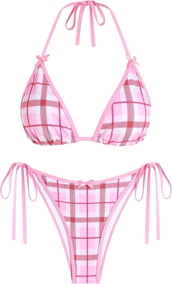 ZAFUL Bikini Sets for Women Halter Bow Decor Tiny Floral Gingham Print Swimsuit Tie Side 2 Pieces Bathing Suit (M)