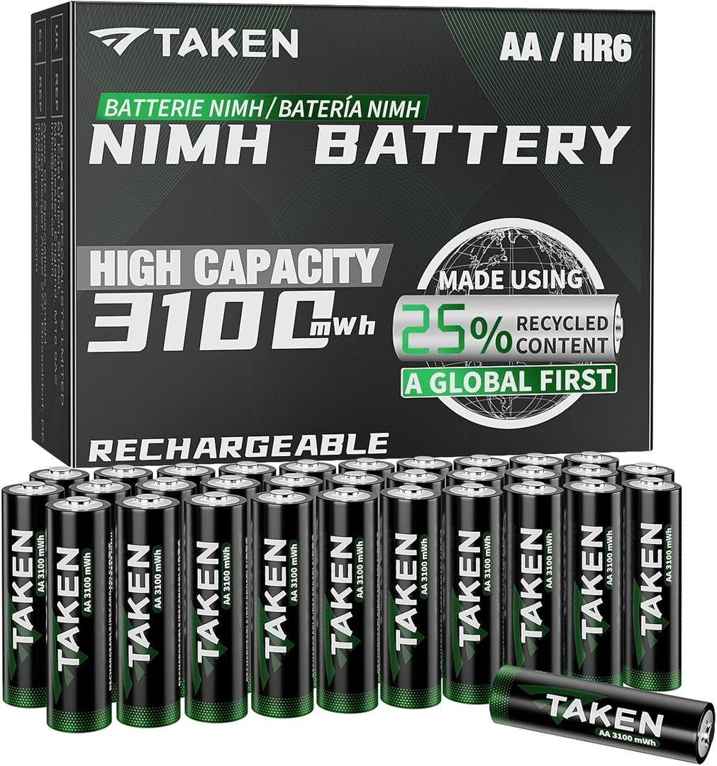 Taken Rechargeable AA Batteries 3100mWh 32-Pack NiMH High Capacity, Double A Batteries Made Using 25% Recycled Content, Recharge up to 2000x Times, Pre-Charged