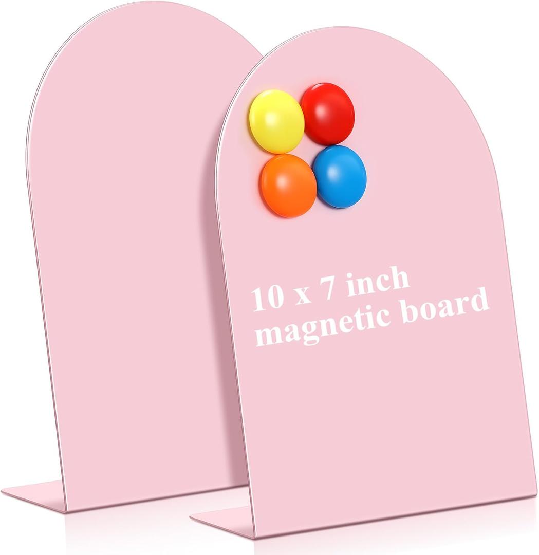 Shimeyao 2 Pcs Pink Magnetic Bulletin Board for Tabletops with 8 Magnets 10x7 Inch Memo Display Easel Stand for Home Office School Kitchen Table Supplies (Arched)