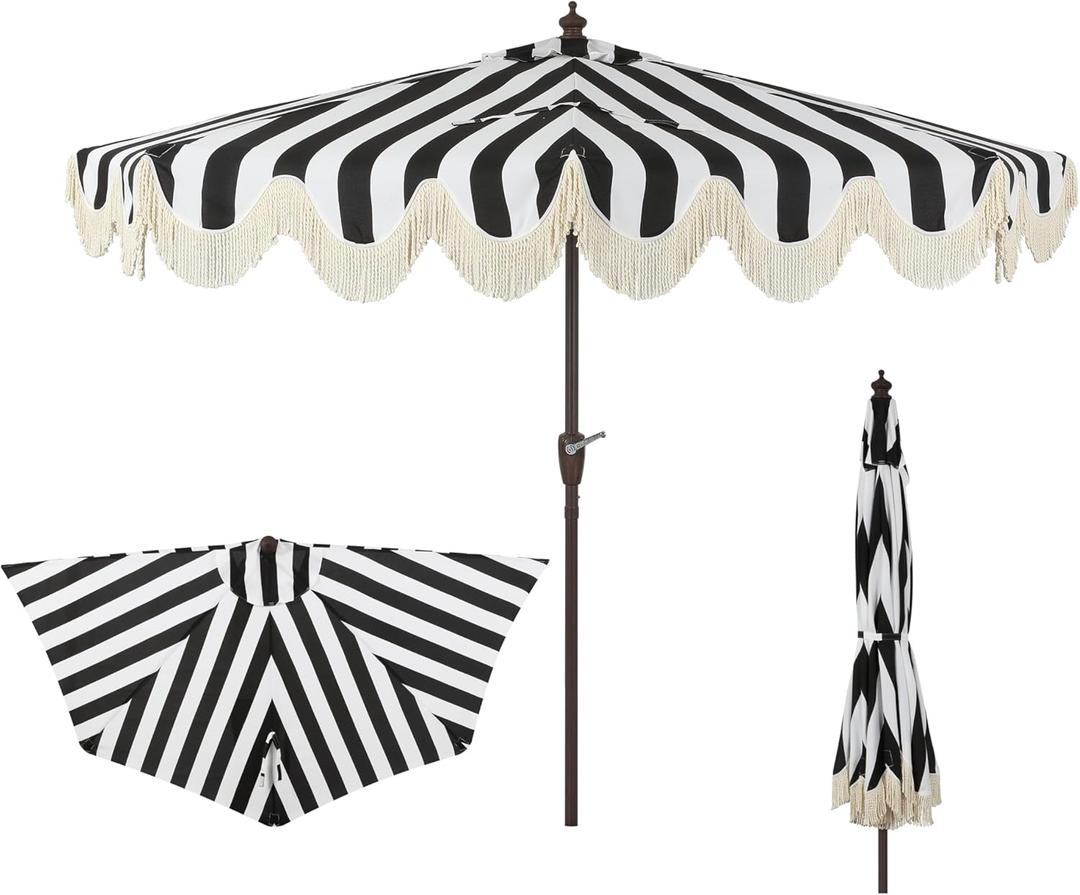 JONATHAN Y Half Umbrella UMB1201A Beverly 9 ft. Designer Classic Scalloped Fringe Market Patio with Crank, Push Button Tilt and UV Protection in Black/White