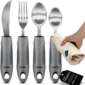 BUNMO Utensils for Elderly, Arthritis, Weak Hand Grip, Tremors & Handicapped - Convenient Travel Pouch - 2.6oz Lightweight - Stainless Steel - Eat Independently - Adaptive Gray 4 Piece Set