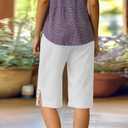Cotton Linen Capri Pants for Women Petite Bermuda Shorts Knee Length Drawstring Pants Summer Beach Long Shorts (White, XL)