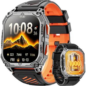 Smart Watches for Men, 2.01" HD Military Smart Watch with 1000mAh High-Capacity Battery/Led Flashlight/Answer/Make Call/Heart Rate/Sleep Monitor/Step Tracker, Fitness Tracker for Android/iPhone (orange-black)