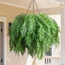 Artificial Hanging Plants Outdoor, UV Resistant Fake Fern Faux Greenery for Outside Planter Patio Home Garden Decor (5 Branches&1 Basket)