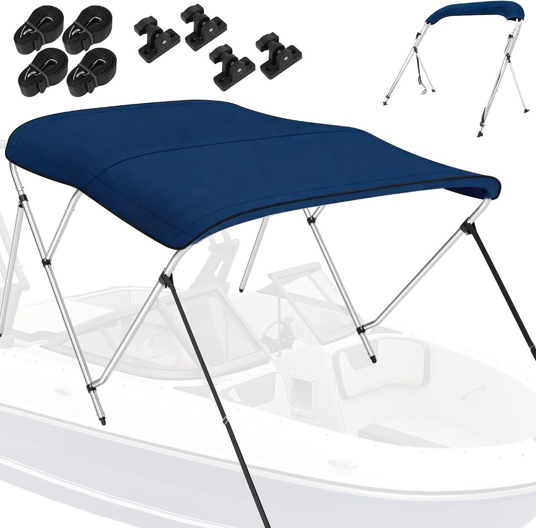 Bimini Tops for Boats, Navy 3 Bow L6' x W61-66 x H46, 900D Polyester Bimini Top, 2 Rear Support Poles and Storage Boot, 4 Adjustable Nylon Straps