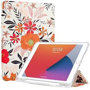 ProtUTab Case Compatible with iPad 10.2 Case 2021/ 2020/ 2019, Auto Wake&Sleep Slim Trifold Stand Case Compatible with iPad 7th/ 8th/ 9th Gen Case with Pencil Holder, Lightweight TPU, Flora