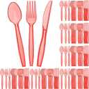 Lasnten 180 Pieces Glitter Plastic Silverware Set Disposable Clear Plastic Cutlery Flatware for Party 60 Knives 60 Spoons 60 Fork for Party Birthday Dinnerware Supplies(Red)