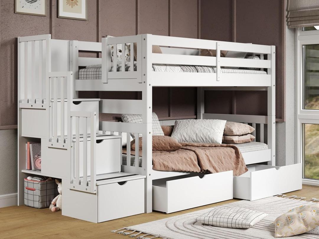 Bedz King Stairway Bunk Beds Twin over Twin with 3 Drawers in the Steps and 2 Under Bed Drawers, White (White)