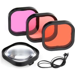GEPULY 4 Pack Underwater Dive Filters for GoPro Hero 8 9 10 11 12 13 Black Official Waterproof Housing Case in Red, Light Red, Magenta, and 5X Close-up Filters for Underwater Color Correction
