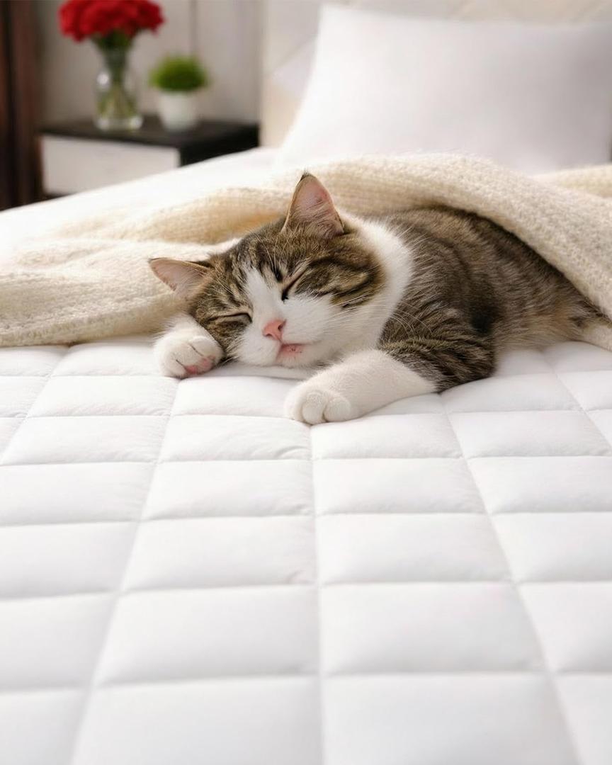 Quilted Fitted Mattress Pad Protector Twin Size - Elastic Fitted Mattress Topper & Cover - Breathable, Soft, Low Profile Top Cover with 8-16 Inch Deep Pockets - Easy-Fit and Machine Washable - White