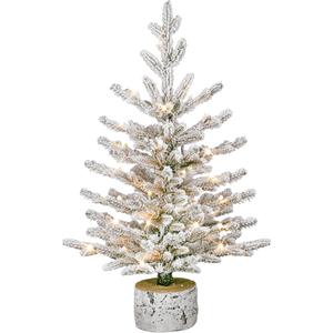 Puleo International 2ft Pre-Lit Potted Flocked Arctic Fir Pencil Christmas Tree with 30 Warm White Lights, 262 Realistic Dense Snow Flocked Branch Tips, Easy Setup Artificial Trees with Sturdy Stand