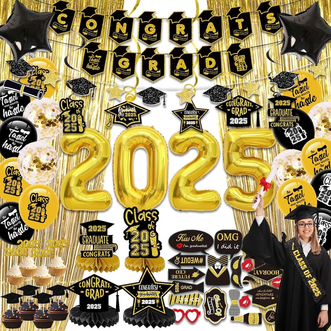 Graduation Decorations 2025-Black and Gold Graduation Party Decorations Class of 2025 with Banner, Balloons, Centerpieces, Cupcake Topper, Fringe Curtains, Hanging Swirls, Photo Props, Sash Graduation Decorations 2025-Black and Gold Graduation Party Decorations Class of 2025 with Banner, Balloons, Centerpieces, Cupcake Topper, Fringe Curtains, Hanging Swirls, Photo Props, Sash